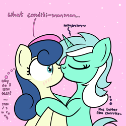 Size: 2000x2000 | Tagged: safe, artist:dafiltafish, derpibooru import, bon bon, lyra heartstrings, sweetie drops, oc, oc:hedone, earth pony, pony, unicorn, comic:day by day, blushing, dialogue, female, kissing, lesbian, lyrabon, shapeshifter, shipping, surprise kiss, thoughts