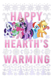 Size: 550x800 | Tagged: safe, derpibooru import, applejack, pinkie pie, rainbow dash, rarity, twilight sparkle, twilight sparkle (alicorn), alicorn, earth pony, pegasus, pony, unicorn, g4, antlers, applejack's hat, christmas, clothes, coat, cowboy hat, cropped, design, female, hat, hearth's warming, holiday, mare, merchandise, official, santa hat, shirt design, simple background, snow, snowflake, sweater, text, transparent background