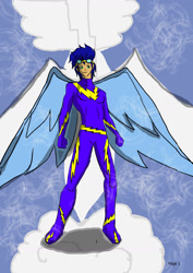 Size: 1240x1754 | Tagged: safe, artist:foxgar, artist:foxgearstudios, derpibooru import, soarin', human, clothes, cloud, goggles, humanized, male, on a cloud, solo, winged humanization, wings