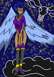 Size: 1240x1754 | Tagged: safe, artist:foxgearstudios, derpibooru import, nightshade, human, clothes, cloud, costume, dark skin, female, goggles, humanized, night, on a cloud, shadowbolts, shadowbolts costume, solo, stars, winged humanization, wings