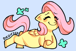 Size: 807x540 | Tagged: safe, artist:diedified, derpibooru import, fluttershy, pegasus, pony, eye clipping through hair, eyes closed, female, heart, lying down, mare, missing cutie mark, prone, simple background, smiling, solo