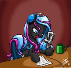 Size: 1500x1433 | Tagged: safe, artist:ceehoff, derpibooru import, oc, oc only, oc:scribbler, earth pony, pony, earth pony oc, female, headphones, mare, microphone, mug, signature, solo