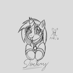 Size: 800x800 | Tagged: safe, artist:srmario, derpibooru import, oc, oc only, oc:doctiry, pony, unicorn, :p, broken horn, bust, clothes, eyelashes, female, grayscale, horn, jewelry, lineart, mare, monochrome, necklace, tongue, tongue out, traditional art, unicorn oc