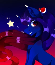 Size: 1080x1275 | Tagged: safe, artist:tessa_key_, derpibooru import, earth pony, pony, abstract background, bust, ethereal mane, female, grin, mare, pepsi, ponified, smiling, soda, solo, starry mane, stars