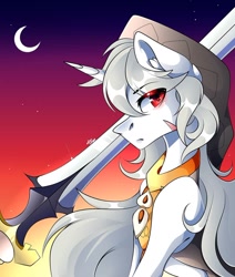 Size: 1080x1275 | Tagged: safe, artist:tessa_key_, derpibooru import, pony, unicorn, bust, crescent moon, genshin impact, hat, male, moon, ponified, solo, stallion, stars, sword, twilight (astronomy), weapon