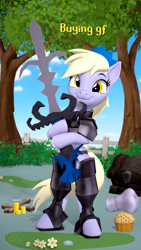 Size: 2160x3840 | Tagged: safe, artist:owlpirate, derpibooru import, derpy hooves, pegasus, semi-anthro, 3d, armadyl godsword, armor, bone, buying gf, chef's hat, coin, female, food, greatsword, hat, high res, looking at you, mare, muffin, runescape, smiling, smiling at you, solo, source filmmaker, sword, weapon