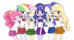 Size: 2474x1349 | Tagged: safe, artist:glitterrrrr, derpibooru import, applejack, fluttershy, pinkie pie, rainbow dash, rarity, twilight sparkle, equestria girls, anime style, blushing, clothes, cute, dashabetes, diapinkes, eyes closed, hand on hip, hug, humane five, humane six, jackabetes, one eye closed, open mouth, raribetes, school uniform, shyabetes, simple background, twiabetes, white background