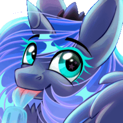 Size: 500x500 | Tagged: safe, artist:inspiredpixels, derpibooru import, princess luna, alicorn, pony, animated, blinking, bust, female, food, gif, licking, mare, popsicle, portrait, simple background, solo, starry eyes, tongue, tongue out, transparent background, wingding eyes
