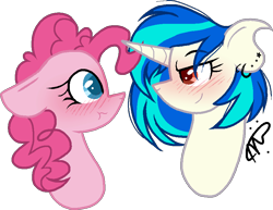 Size: 869x670 | Tagged: safe, artist:gallantserver, derpibooru import, dj pon-3, pinkie pie, vinyl scratch, pony, blushing, bust, female, lesbian, looking at each other, portrait, shipping, simple background, transparent background, vinylpie