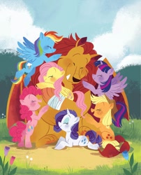 Size: 1188x1472 | Tagged: safe, artist:zoe persico, derpibooru import, applejack, fluttershy, manny roar, pinkie pie, rainbow dash, rarity, twilight sparkle, twilight sparkle (alicorn), alicorn, big cat, earth pony, lion, manticore, pegasus, pony, unicorn, g4, applejack's hat, bipedal, book, clothes, cowboy hat, female, flower, fluttershy's ferocious friend!, hat, hug, little golden book, male, mane six, mannybetes, mare, official, tree