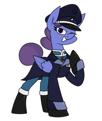 Size: 1127x1335 | Tagged: safe, artist:moonatik, derpibooru import, oc, oc only, pegasus, pony, alternate timeline, boots, clothes, female, gloves, hair bun, hat, looking at you, mare, military uniform, nightmare takeover timeline, overcoat, peaked cap, pegasus oc, shoes, simple background, smiling, smiling at you, solo, tail bun, transparent background, uniform, unnamed oc