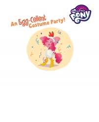 Size: 1134x1406 | Tagged: safe, artist:leire martin, derpibooru import, pinkie pie, earth pony, pony, g4, an egg-cellent costume party, animal costume, bipedal, book, chicken suit, clothes, confetti, costume, female, little golden book, mare, my little pony logo, nightmare night, official, text