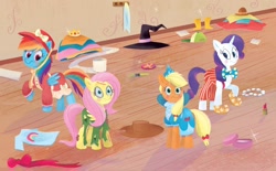 Size: 2268x1406 | Tagged: safe, artist:leire martin, derpibooru import, applejack, fluttershy, rainbow dash, rarity, earth pony, pegasus, pony, unicorn, g4, an egg-cellent costume party, applejack's hat, book, bow, clothes, costume, cowboy hat, female, hat, little golden book, mare, official, ribbon, shirt, t-shirt, witch hat