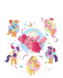 Size: 1134x1406 | Tagged: safe, artist:leire martin, derpibooru import, applejack, fluttershy, pinkie pie, rainbow dash, rarity, twilight sparkle, twilight sparkle (alicorn), alicorn, earth pony, pegasus, pony, unicorn, g4, an egg-cellent costume party, animal costume, applejack's hat, bipedal, book, candy, candy cane, chicken suit, clothes, confetti, costume, cowboy hat, crown, eggshell, element of magic, female, food, hat, jewelry, little golden book, mane six, mare, official, regalia