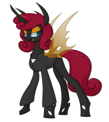 Size: 1627x1828 | Tagged: safe, artist:moonatik, derpibooru import, oc, oc only, changeling, changeling queen, brown changeling, changeling queen oc, clothes, commission, eyeshadow, fangs, female, jacket, makeup, raised hoof, raised leg, simple background, solo, transparent background, wings