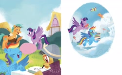 Size: 2268x1406 | Tagged: safe, artist:zoe persico, derpibooru import, a.k. yearling, daring do, rainbow dash, twilight sparkle, twilight sparkle (alicorn), alicorn, pegasus, pony, g4, book, cloud, cloudsdale, female, flag, flying, little golden book, mare, official, on a cloud, ponyville, puddle jump, rainbow dash: reading rainboom, unnamed character