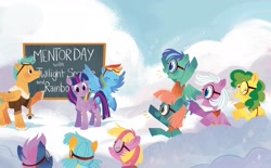 Size: 2268x1406 | Tagged: safe, artist:zoe persico, derpibooru import, rainbow dash, twilight sparkle, twilight sparkle (alicorn), alicorn, pegasus, pony, g4, book, chalkboard, cloud, cloudsdale, female, filly, flight camp, goggles, junior speedsters, little golden book, male, mare, official, on a cloud, puddle jump, rainbow dash: reading rainboom, stallion, text, unnamed character