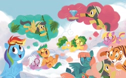 Size: 2268x1406 | Tagged: safe, artist:zoe persico, derpibooru import, daring do, rainbow dash, big cat, pegasus, pony, tiger, g4, book, cloud, cloudsdale, diamond, female, filly, flight camp, hat, hoof hold, junior speedsters, little golden book, male, mare, official, on a cloud, puddle jump, rainbow dash: reading rainboom, sleeping, stallion, thought bubble, vine