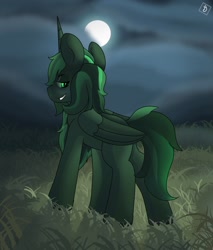 Size: 1440x1689 | Tagged: safe, artist:orbitingdamoon, derpibooru import, alicorn, pony, fallout equestria, artificial alicorn, background, grass, green, green alicorn (fo:e), grin, horn, looking at you, looking back, moon, night, smiling, solo, tall, wings