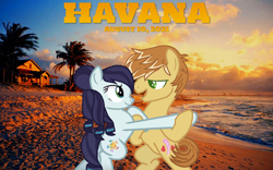 Size: 2064x1290 | Tagged: safe, artist:themexicanpunisher, derpibooru import, edit, coloratura, feather bangs, earth pony, 2021, august, beach, bipedal, camila cabello, colorabangs, cuba, dancing, female, havana, looking at each other, lyrics in the description, male, mare, ocean, shipping, smiling, smiling at each other, song reference, stallion, straight, summer, sunset, youtube link