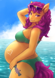 Size: 2480x3508 | Tagged: safe, artist:nsfwbonbon, derpibooru import, bon bon (g1), anthro, earth pony, belly, big belly, bikini, breasts, clothes, female, freckles, heart, looking at you, mare, pregnant, shoulder freckles, smiling, smiling at you, solo, sunscreen, swimsuit