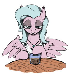 Size: 507x537 | Tagged: safe, artist:jargon scott, derpibooru import, oc, oc only, pegasus, pony, alcohol, beauty mark, bedroom eyes, glass, jewelry, looking at you, necklace, simple background, solo, spread wings, white background, wings