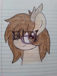 Size: 3120x4160 | Tagged: safe, artist:froyo15sugarblast, derpibooru import, oc, oc only, oc:cinnamon tree, deer, deer pony, original species, pony, antlers, bust, eye clipping through hair, female, glasses, irl, lined paper, looking away, notebook, photo, ponified, ponysona, portrait, solo, traditional art
