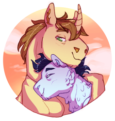 Size: 1896x2000 | Tagged: safe, artist:elf-hollow, derpibooru import, donut joe, soarin', pony, gay, male, neck nuzzle, shipping, soarinjoe, solo, stallion