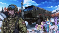 Size: 1920x1080 | Tagged: artist needed, safe, derpibooru import, fluttershy, princess celestia, twilight sparkle, alicorn, human, pegasus, pony, army, nuclear weapon, russia, soldier, weapon, winter