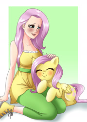 Size: 1280x1792 | Tagged: safe, artist:ioriyokusa01, derpibooru import, fluttershy, human, pegasus, pony, blushing, breasts, clothes, converse, cute, dress, eyes closed, hootershy, human ponidox, humanized, kneeling, petting, self ponidox, shoes, shyabetes, simple background, smiling, snuggling