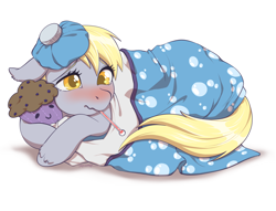 Size: 2560x1960 | Tagged: safe, artist:taytinabelle, derpibooru import, derpy hooves, ditzy doo, pegasus, pony, adorable face, blanket, blanket burrito, blushing, cute, daaaaaaaaaaaw, ear fluff, ears, female, fever, looking at you, mare, plushie, pony holding plushie, prone, sick, simple background, solo, thermometer, unshorn fetlocks, white background