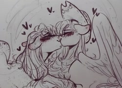 Size: 1076x774 | Tagged: safe, artist:rare-apples, derpibooru import, applejack, fluttershy, earth pony, pegasus, pony, accessory swap, appleshy, blushing, female, heart, kissing, lesbian, monochrome, shipping, traditional art