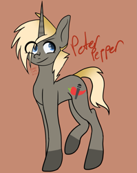 Size: 1057x1325 | Tagged: safe, artist:revenge.cats, derpibooru import, pony, unicorn, looking back, ponified, raised hoof, raised leg, simple background, smiling, solo, standing