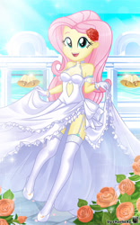 Size: 825x1319 | Tagged: safe, artist:charliexe, derpibooru import, fluttershy, equestria girls, clothes, dress, female, flower, flower in hair, jewelry, marriage, open mouth, ring, stockings, thigh highs, wedding, wedding dress, wedding ring