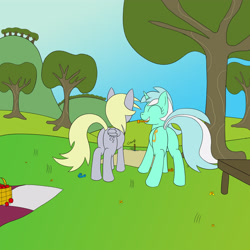 Size: 4000x4000 | Tagged: safe, artist:librarylonging, derpibooru import, derpy hooves, lyra heartstrings, pegasus, pony, unicorn, apple, basket, butt, female, food, horseshoes, mare, plot, sand, table, tree