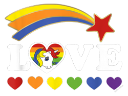 Size: 800x600 | Tagged: safe, derpibooru import, starshine, pegasus, pony, g1, cropped, cutie mark, design, female, heart, mare, merchandise, official, pride, pride flag, rainbow, shirt design, shooting star, simple background, solo, text, transparent background