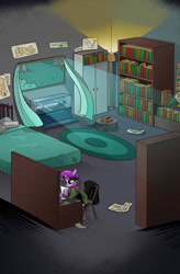 Size: 724x1103 | Tagged: safe, artist:candyclumsy, derpibooru import, oc, pony, unicorn, comic:revolution of harmony, bed, book, bookshelf, desk, room, sword, weapon, window