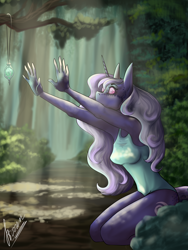 Size: 3000x4000 | Tagged: safe, alternate version, artist:stirren, derpibooru import, oc, oc only, anthro, unicorn, breasts, clothes, commission, forest, forest background, horn, hypnosis, jewelry, one-piece swimsuit, pendant, skinny, solo, swimsuit, swirly eyes, ych result