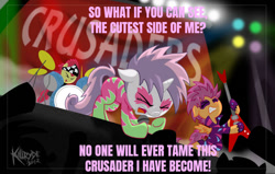 Size: 1120x713 | Tagged: safe, artist:killryde, edit, editor:undeadponysoldier, apple bloom, scootaloo, sweetie belle, the show stoppers, animal i have become, band, clothes, concert, cutie mark crusaders, drums, guitar, image macro, lyrics, lyrics in the description, makeup, microphone, musical instrument, parody, rock band, show stopper outfits, singing, song reference, three days grace