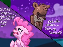 Size: 2732x2048 | Tagged: safe, artist:dummyhorse, derpibooru import, pinkie pie, earth pony, pony, raccoon, crossover, crossover shipping, crying, ears, female, floppy ears, male, mare, meme, night, regular show, rigby, rigbypie, shipping, straight, subverted meme, wonderwall