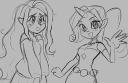 Size: 551x360 | Tagged: safe, artist:healhaw, derpibooru import, fluttershy, rarity, human, :d, clothes, duo, horn, horned humanization, humanized, lineart, monochrome, open mouth, smiling, waving