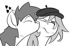 Size: 1976x1296 | Tagged: safe, artist:skookz, derpibooru import, oc, oc only, earth pony, pony, 4chan, blushing, cute, eyes closed, grayscale, grumpy, hat, heart, kiss on the cheek, kissing, monochrome, shipping, simple background, white background