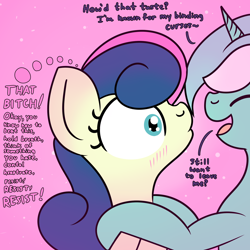 Size: 2000x2000 | Tagged: safe, artist:dafiltafish, derpibooru import, bon bon, lyra heartstrings, sweetie drops, oc, oc:hedone, earth pony, pony, unicorn, comic:day by day, dialogue, panic, shapeshifter, thoughts