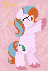 Size: 1123x1665 | Tagged: safe, artist:strawberry-spritz, derpibooru import, oc, oc only, oc:sunset streak, earth pony, pony, bipedal, earth pony oc, female, filly, freckles, offspring, one eye closed, parent:big macintosh, parent:rarity, parents:rarimac, solo, wink