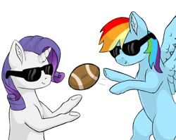 Size: 800x637 | Tagged: safe, artist:ukulelepineapplecat, derpibooru import, rainbow dash, rarity, pegasus, pony, unicorn, bust, duo, female, flying, football, mare, simple background, smiling, sports, sunglasses, white background, wings