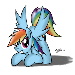 Size: 1000x1000 | Tagged: safe, artist:srmario, derpibooru import, rainbow dash, pegasus, pony, eyelashes, face down ass up, female, grin, mare, signature, simple background, smiling, transparent background, wings