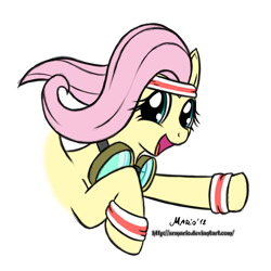 Size: 1500x1500 | Tagged: safe, artist:srmario, derpibooru import, fluttershy, pegasus, pony, bust, eyelashes, female, goggles, headband, mare, open mouth, open smile, simple background, smiling, solo, sweatband, transparent background, wristband