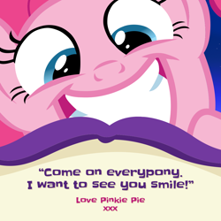 Size: 1080x1080 | Tagged: safe, derpibooru import, pinkie pie, earth pony, pony, g4, facebook, female, mare, official, smiling, solo, text