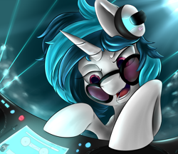 Size: 1024x883 | Tagged: safe, artist:com3tfire, derpibooru import, dj pon-3, octavia melody, vinyl scratch, unicorn, headphones, laser, music