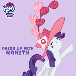 Size: 1080x1080 | Tagged: safe, derpibooru import, rarity, pony, unicorn, g4, facebook, female, hat, mare, my little pony logo, official, purple background, simple background, solo, text